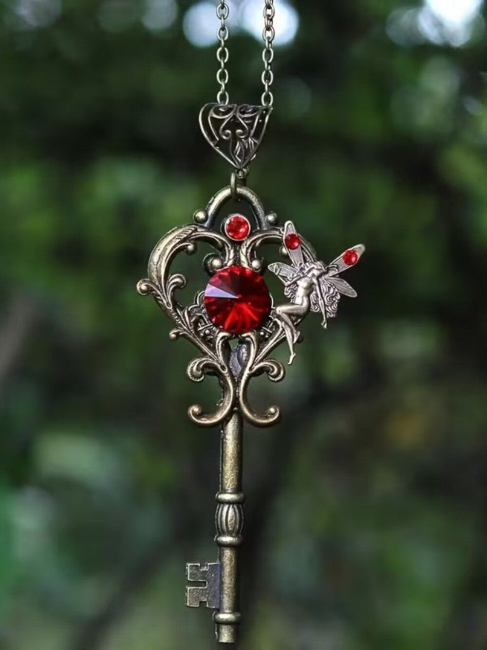 Retro Bohemian Magic Fairy Key Necklace for Women w Red Glass Stone